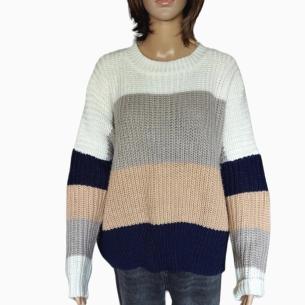 INTHEBEGINNING LA Chunky Oversized Striped Crew Neck Sweater